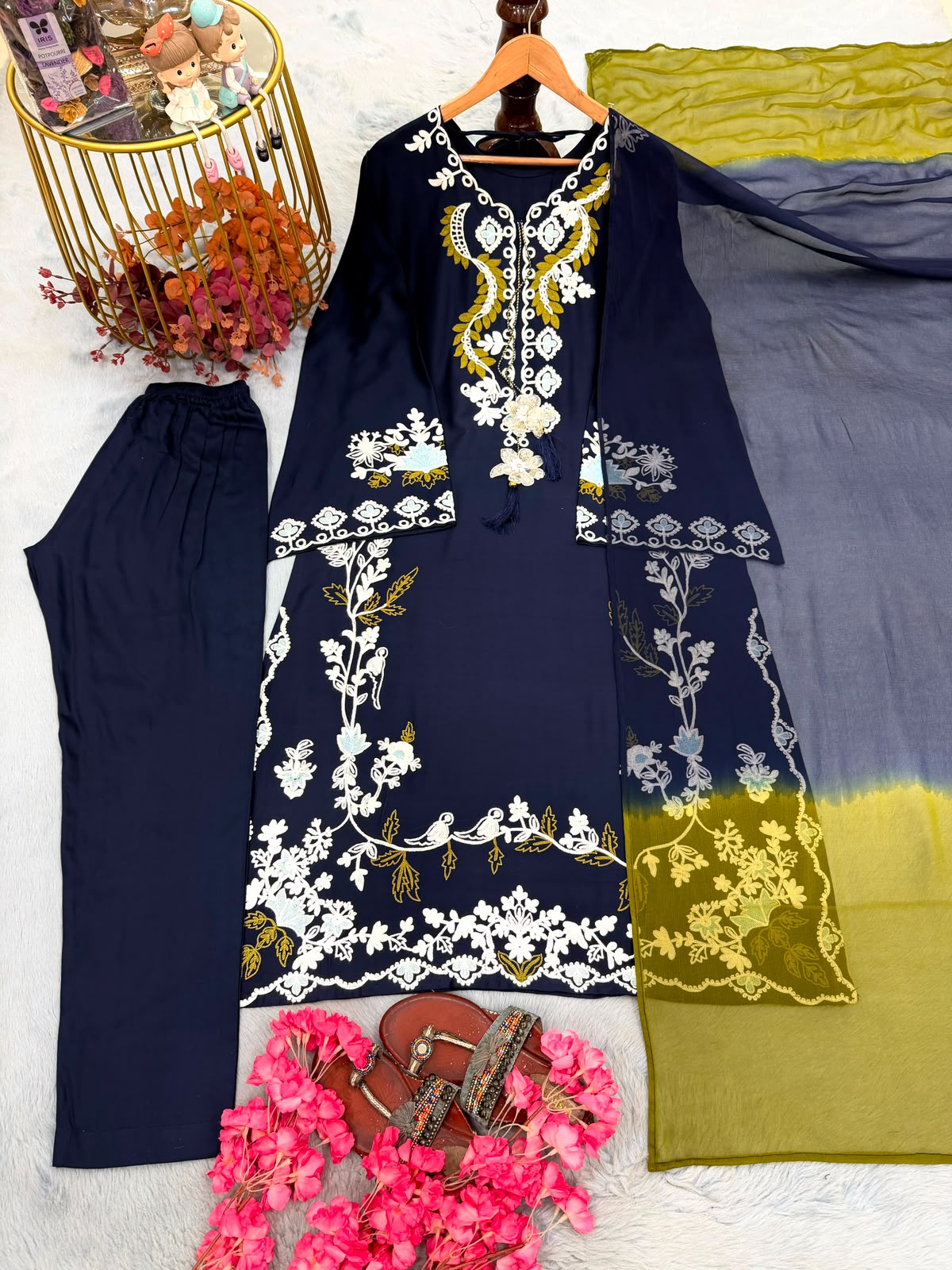Designer navy blue kaftan set - flat lay close up with grey dupatta