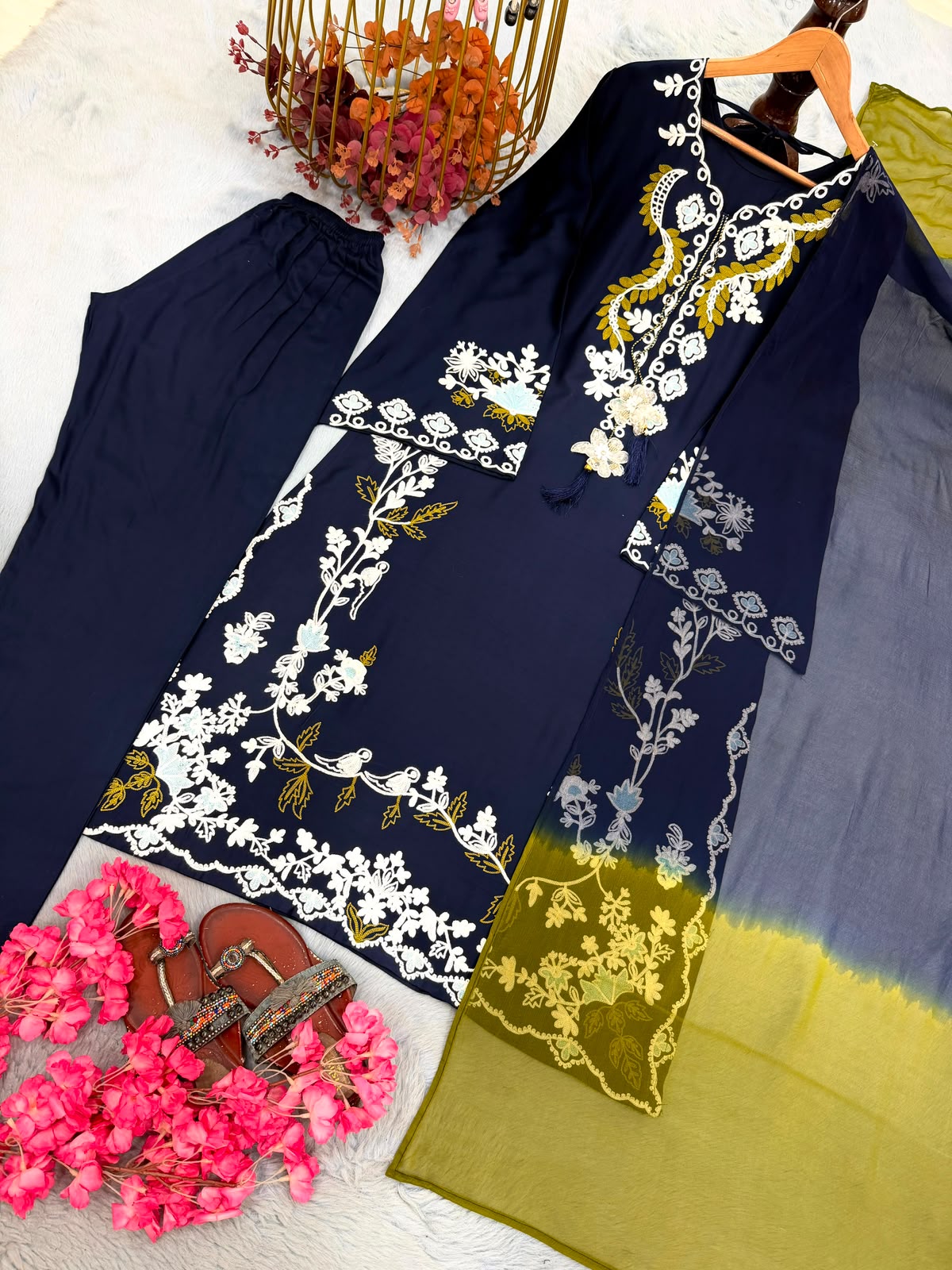 Designer navy blue kaftan set - product detail view