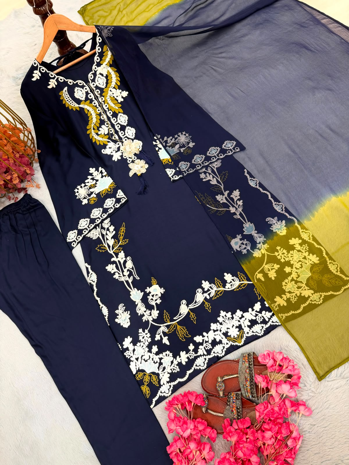 Designer navy blue kaftan set - additional styling view