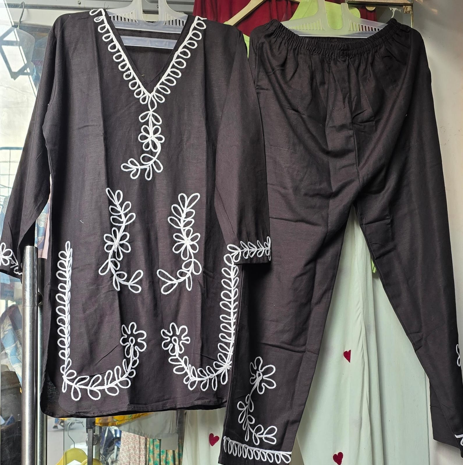 Premium Embroidered Co-ord Set - Black Kurta and Trouser on Hanger Close Up