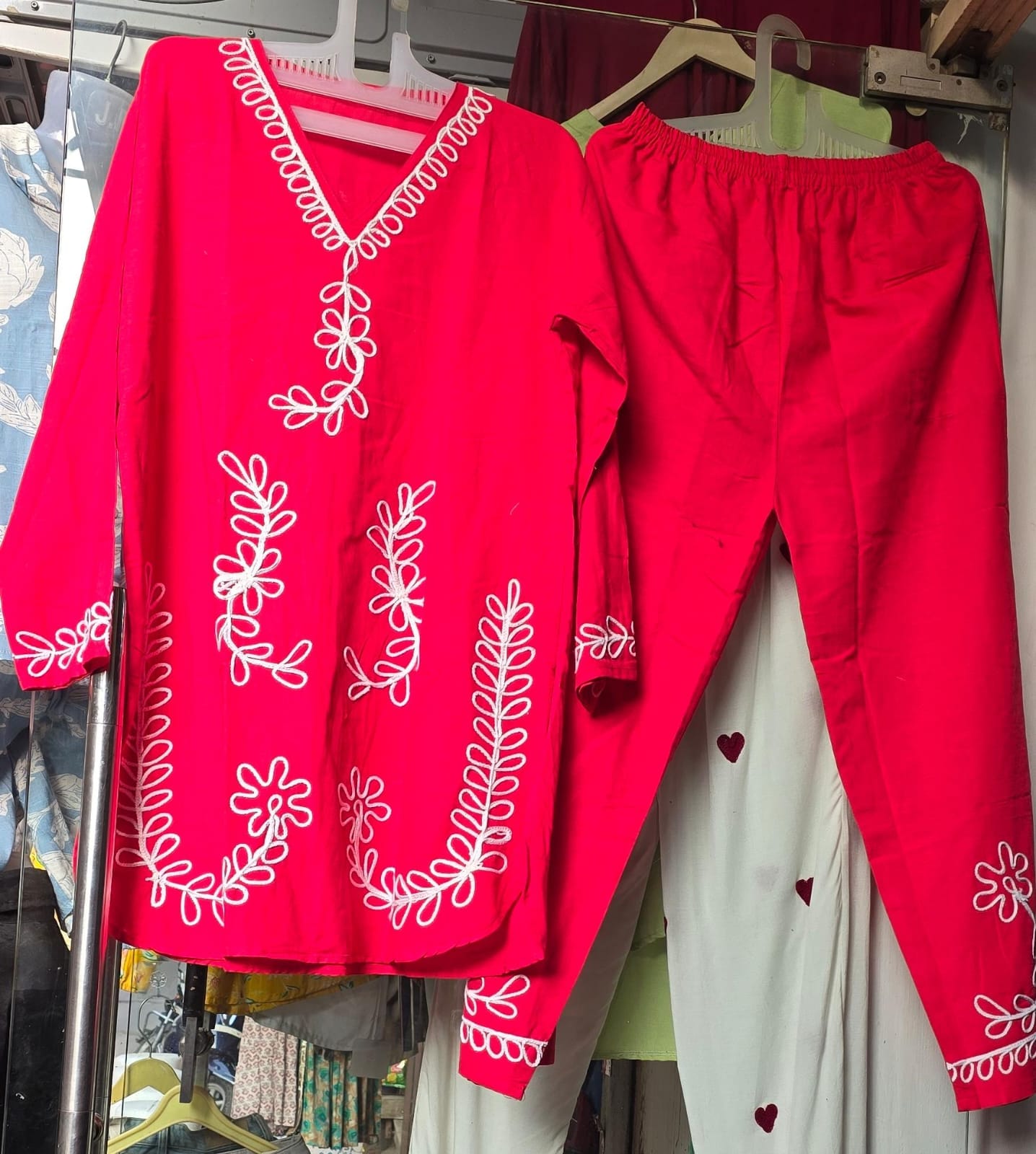 Premium Embroidered Co-ord Set - Hot Pink Kurta and Trouser on Hanger