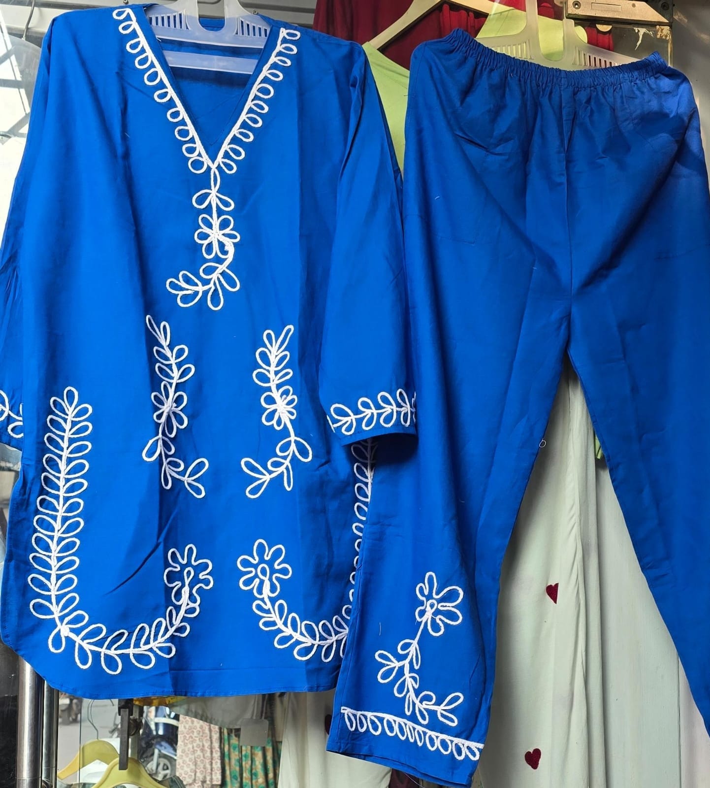 Premium Embroidered Co-ord Set - Royal Blue Kurta and Trouser on Hanger