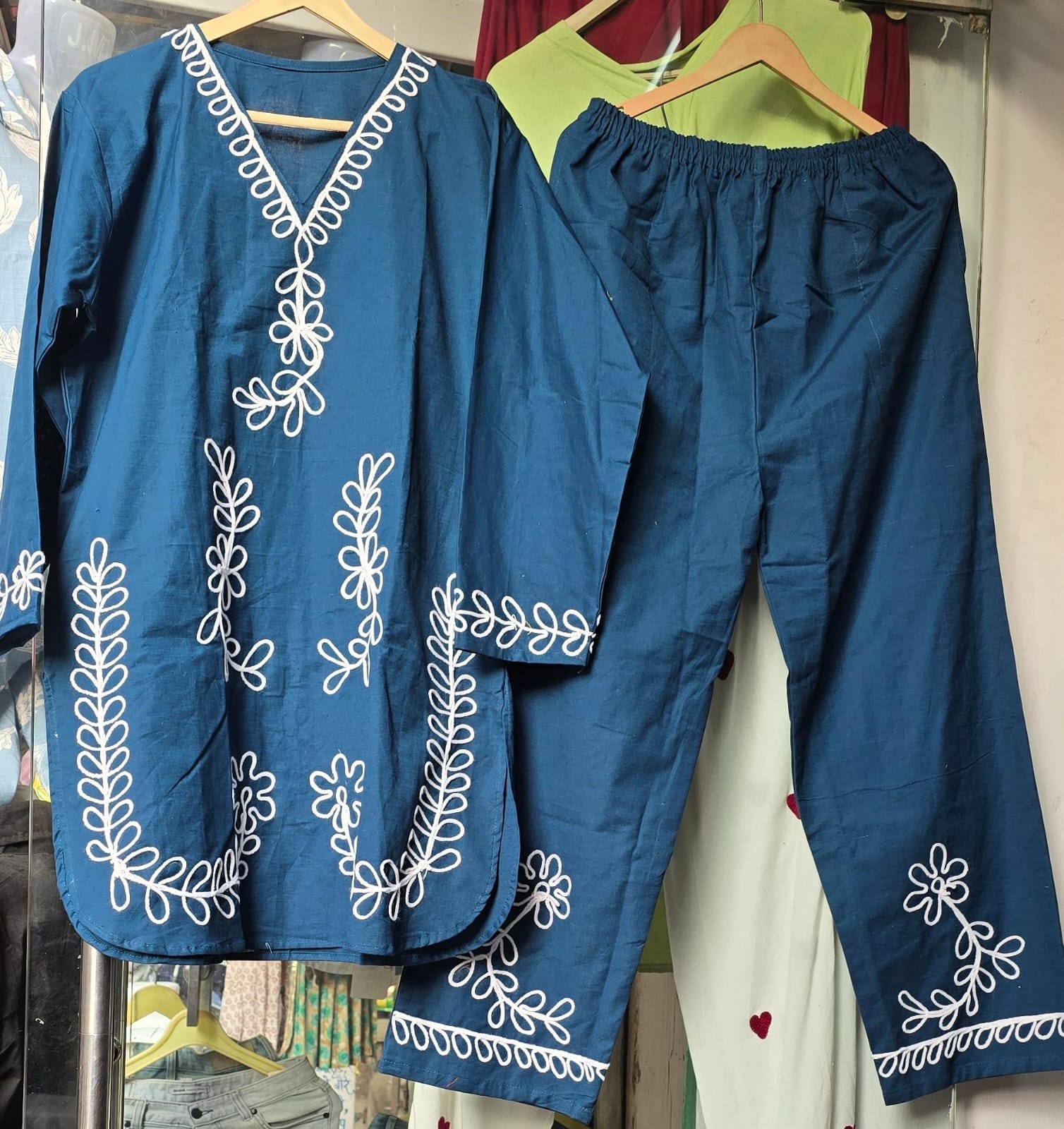 Premium Embroidered Co-ord Set - Teal Blue Kurta and Trouser on Hanger