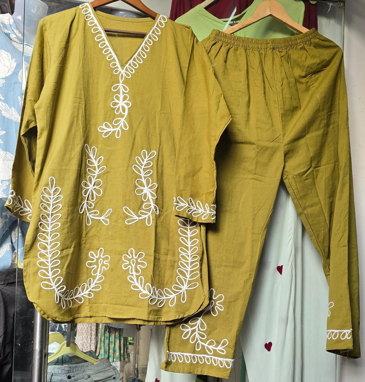 Premium Embroidered Co-ord Set - Olive Green Kurta and Trouser on Hanger