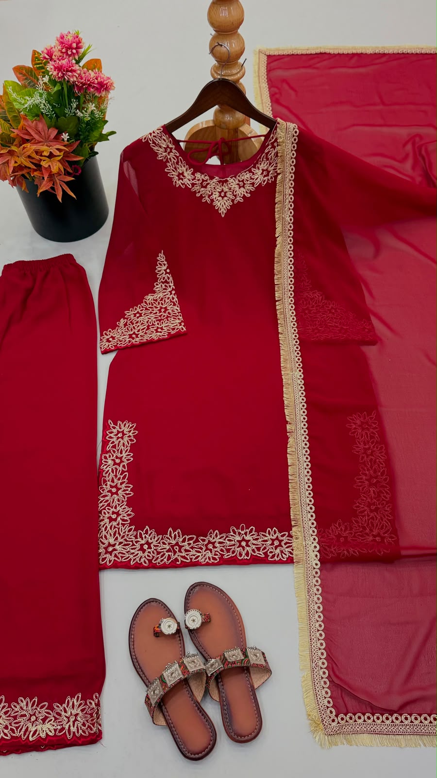Teal blooming faux embroidery suit set - kurti detail with dupatta