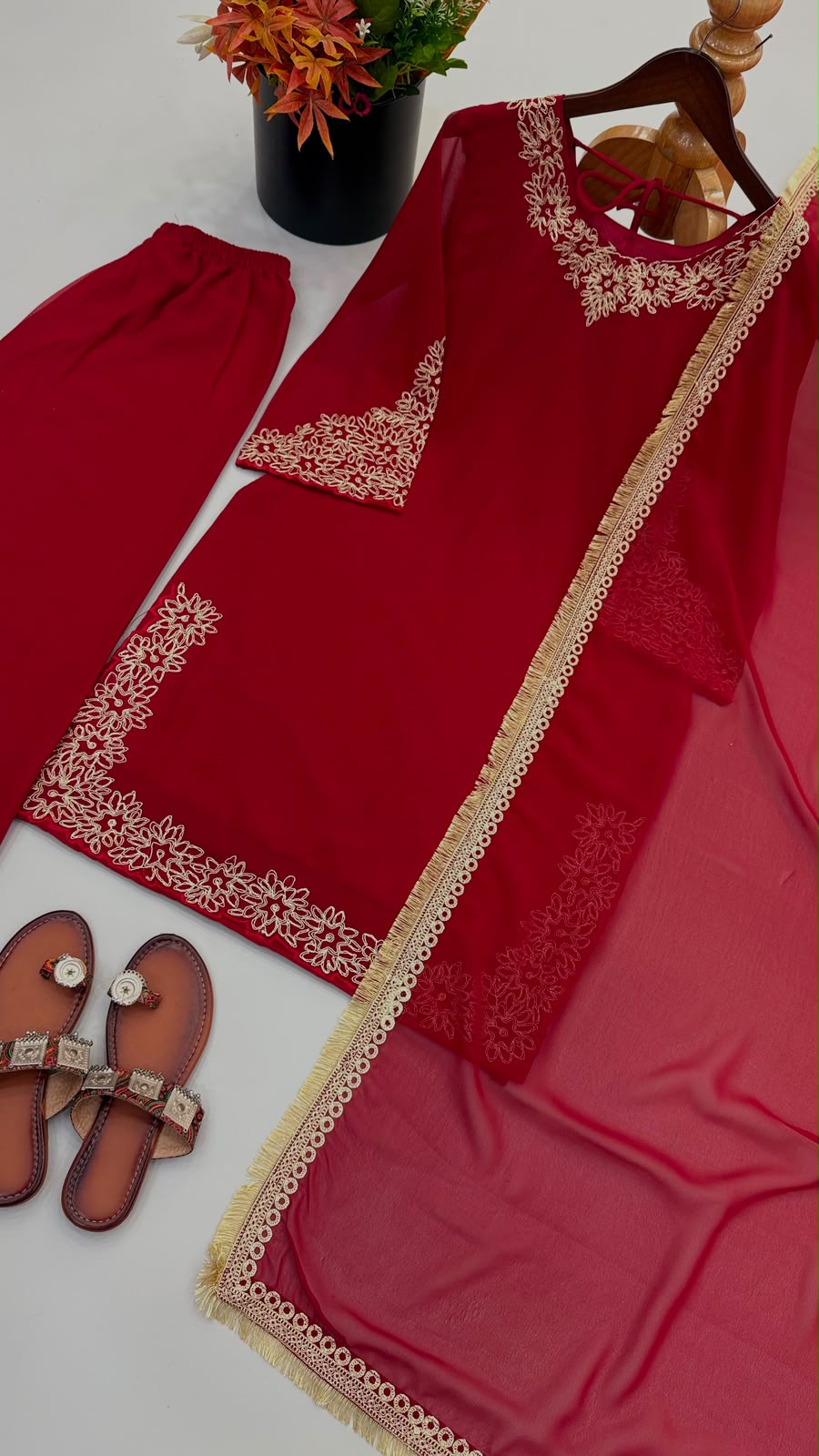 Red blooming faux embroidery suit set - model wearing full look front