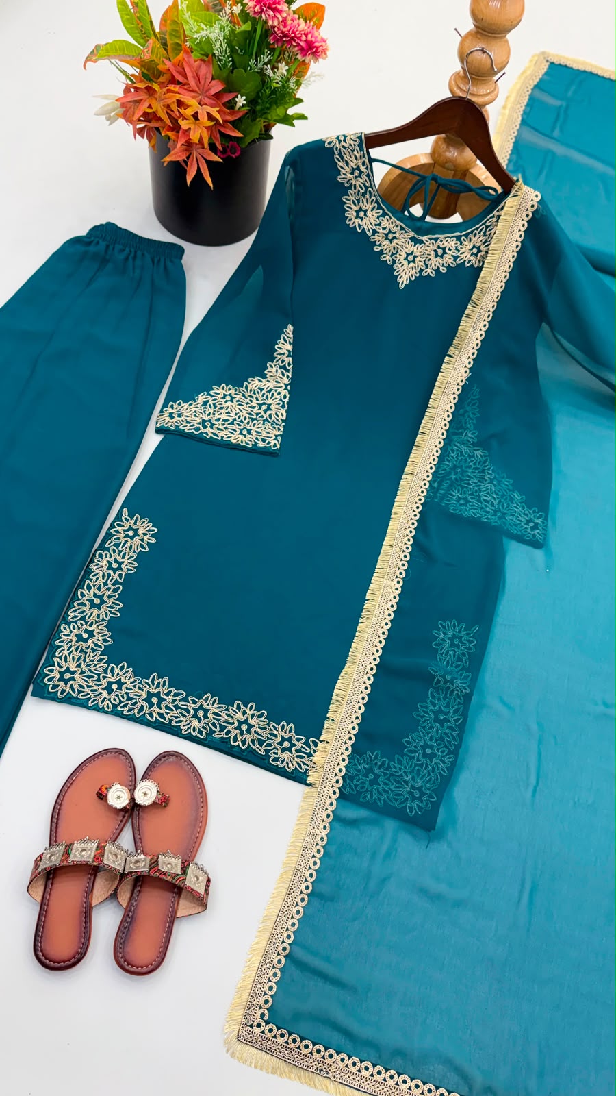 Red blooming faux embroidery suit set - flat lay close up