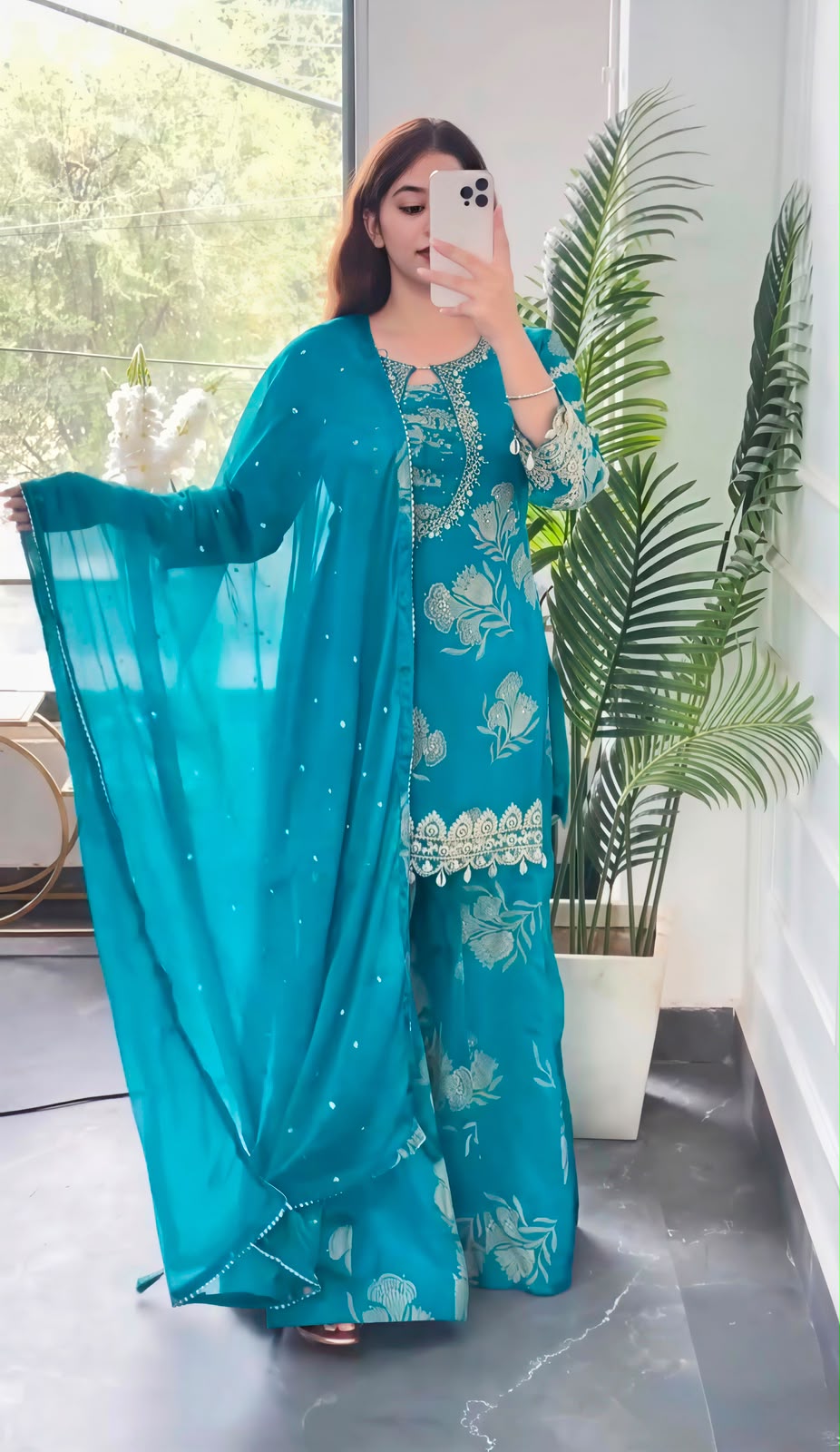 Teal faux georgette embroidery suit set - model mirror selfie front view with dupatta