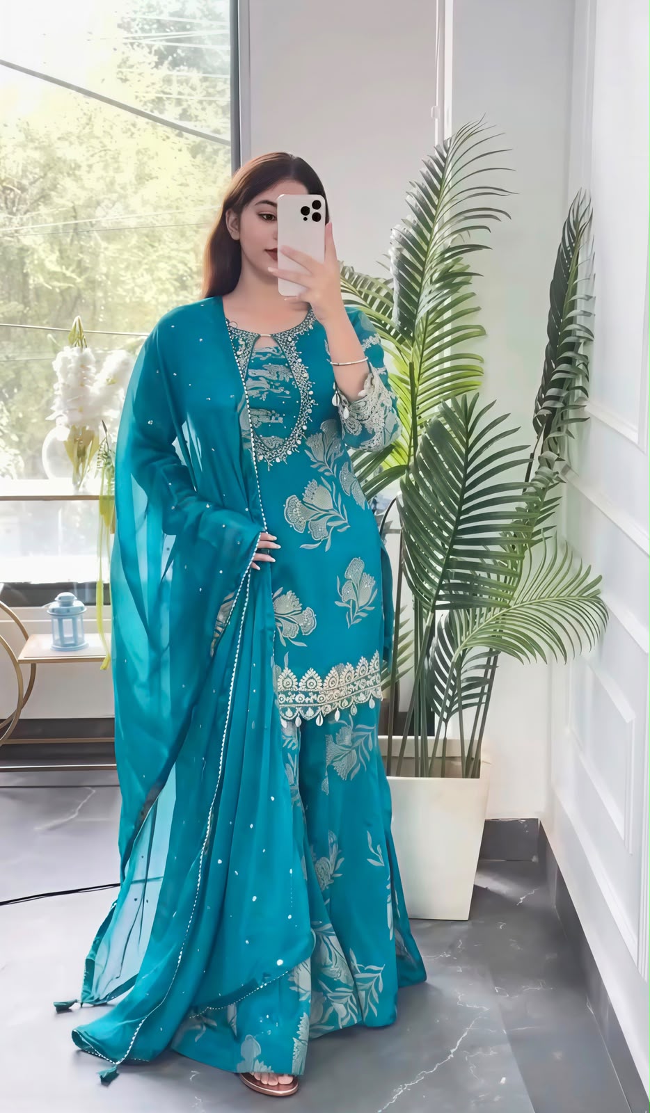 Teal faux georgette embroidery suit set - model mirror selfie full length sharara view