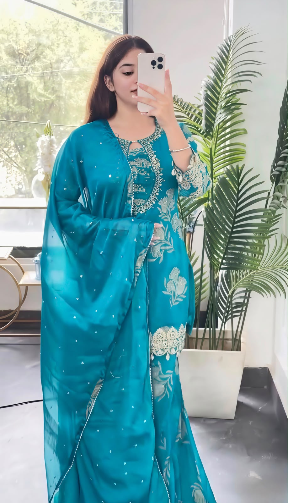 Teal faux georgette embroidery suit set - flat lay kurti with embroidery detail and dupatta