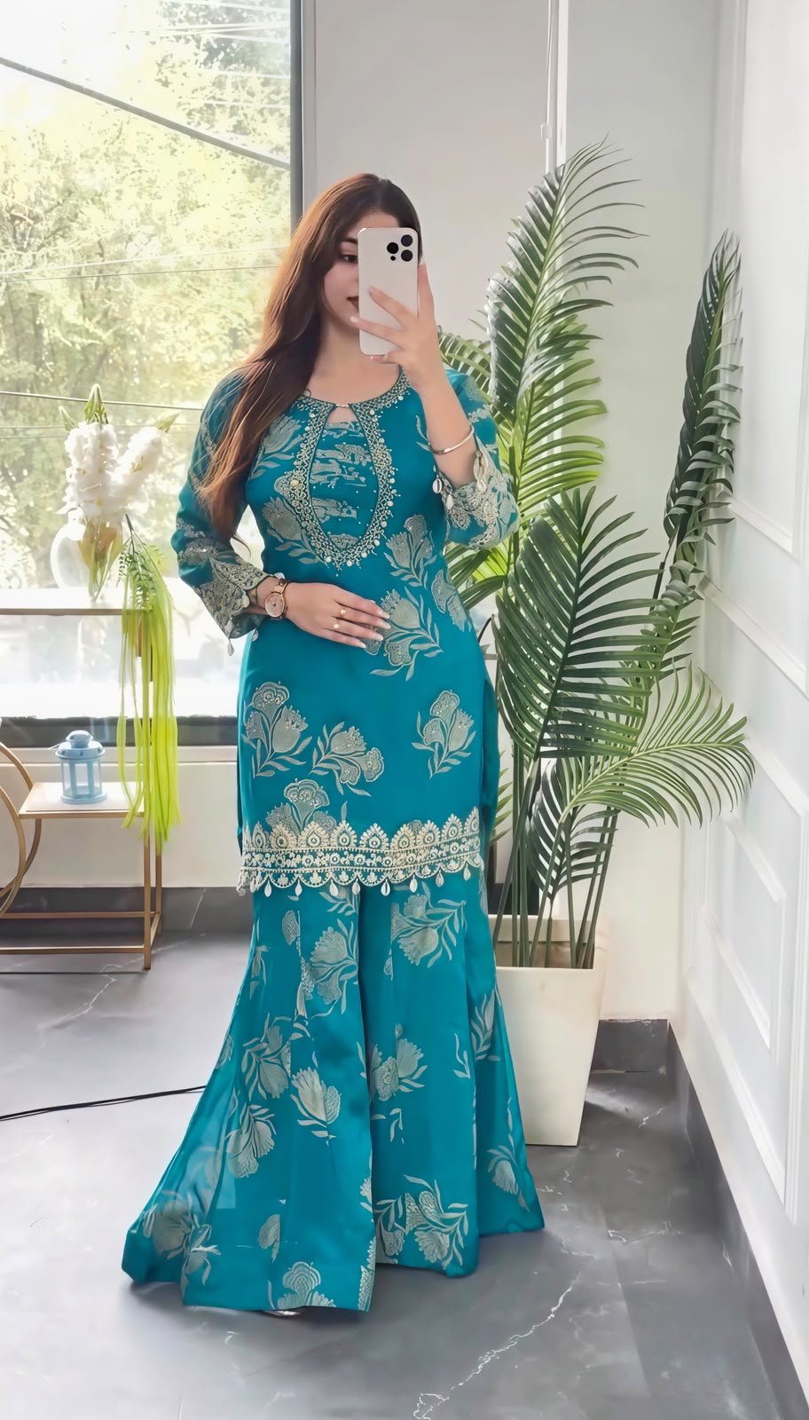 Teal faux georgette embroidery suit set - flat lay full set with kolhapuri