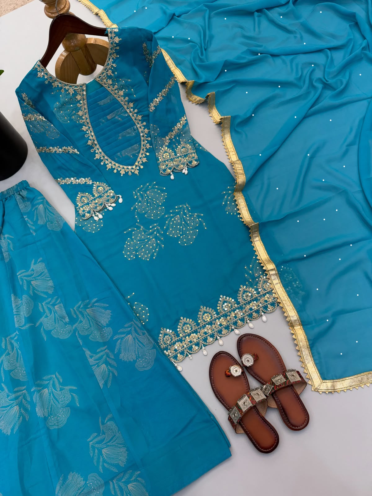 Teal faux georgette embroidery suit set - kurti chest embroidery close up