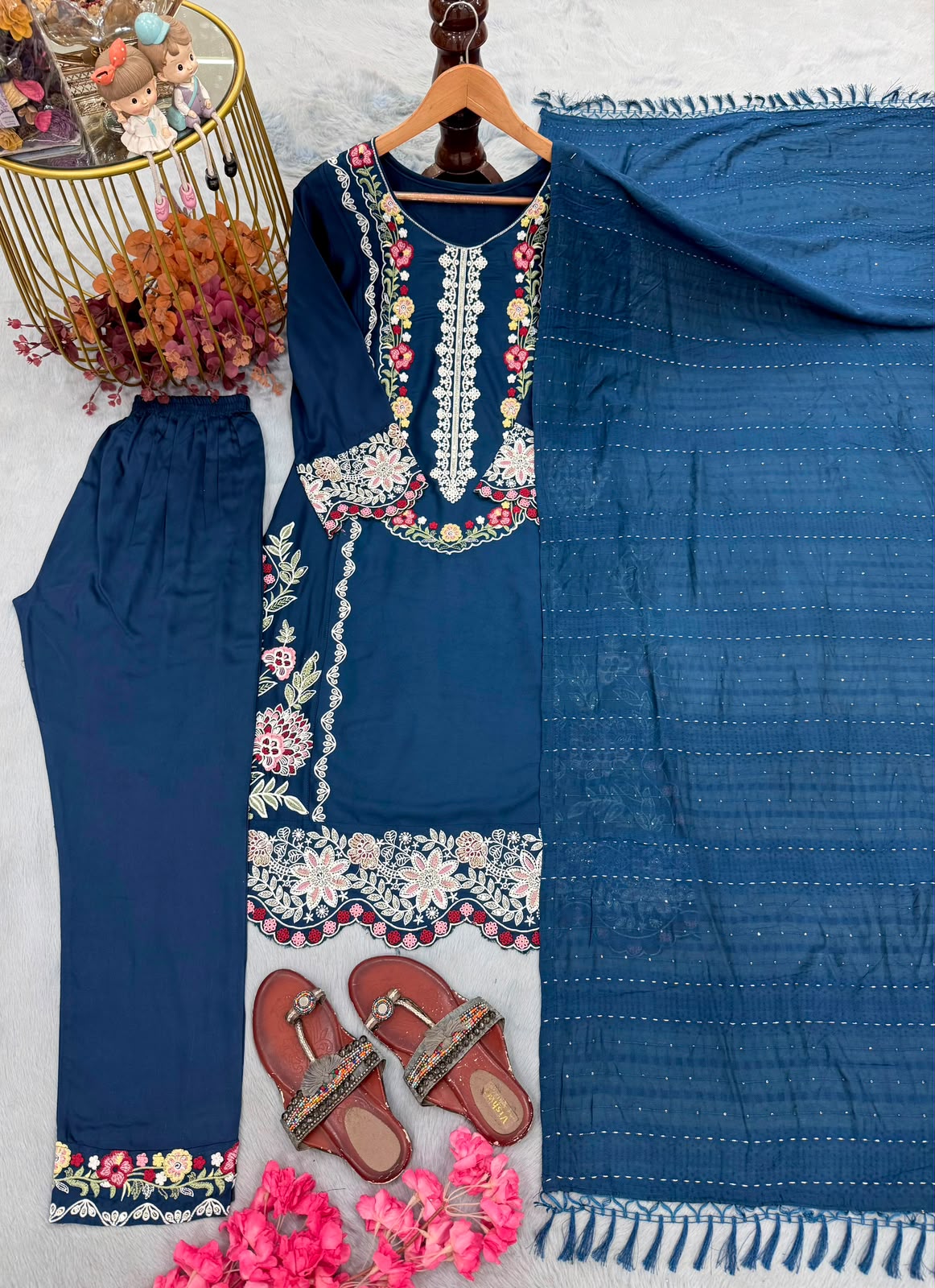 Designer Satin Rayon Suit Set - Teal Close Up