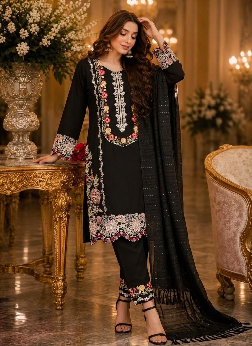 Designer Satin Rayon Suit Set - Black Flat