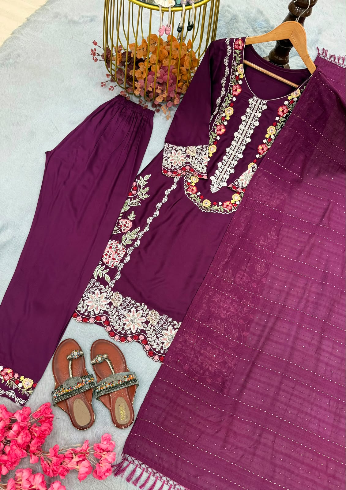 Designer Party Wear Satin Rayon Embroidered Suit Set with Dupatta