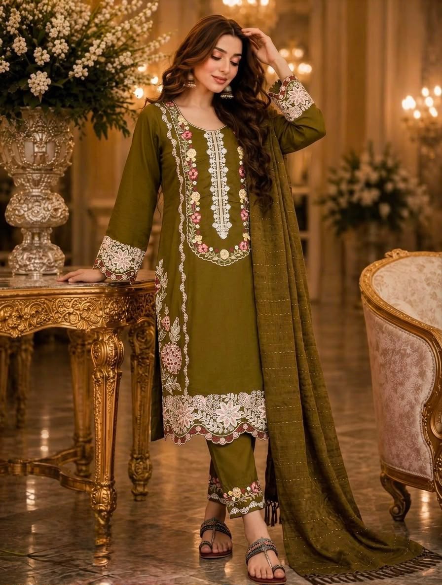 Designer Party Wear Satin Rayon Embroidered Suit Set with Dupatta