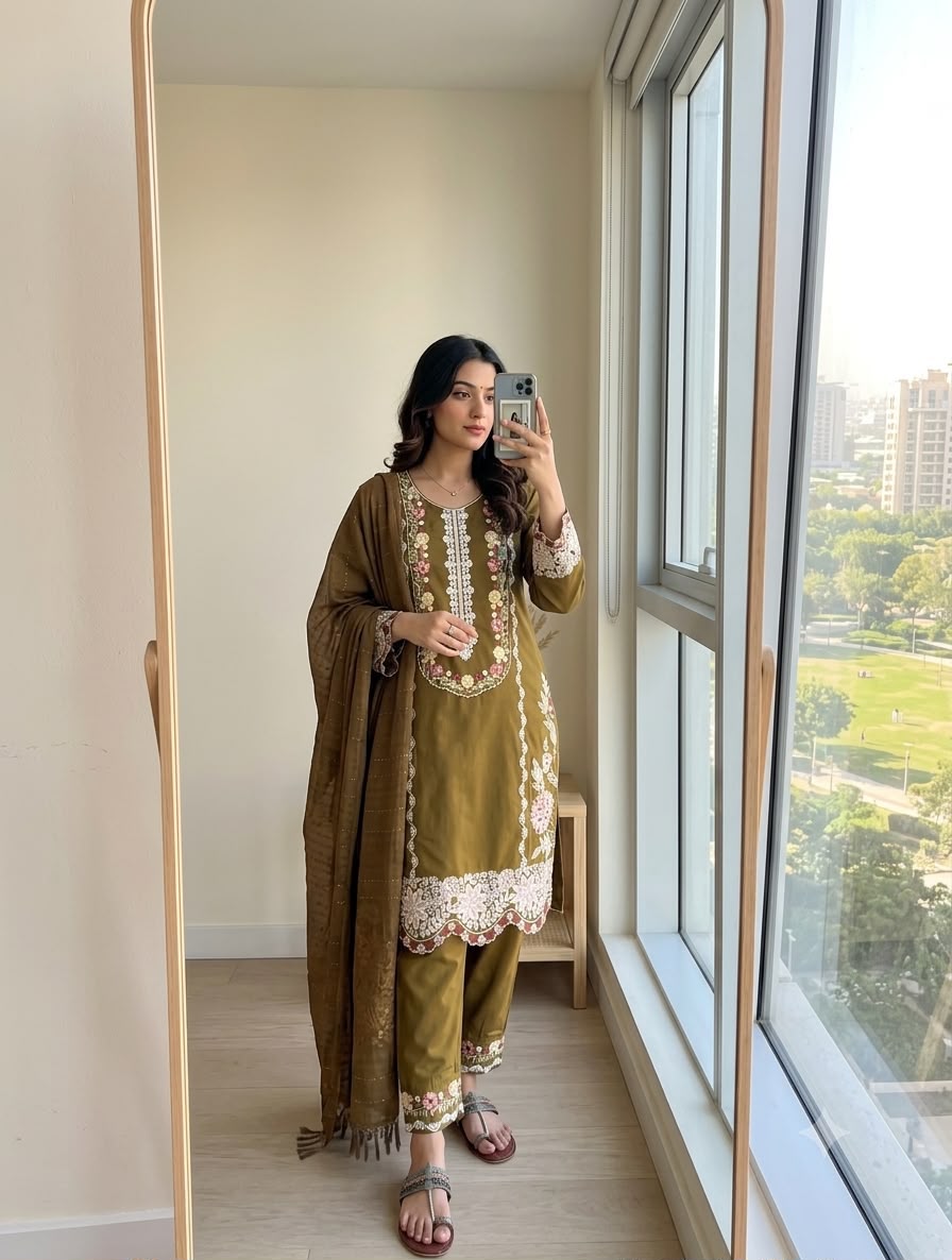Designer Party Wear Satin Rayon Embroidered Suit Set with Dupatta