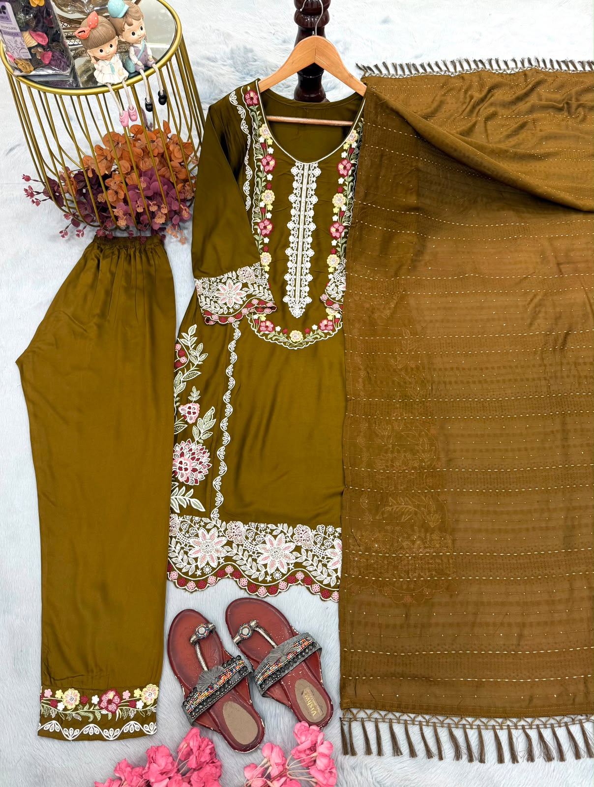 Designer Party Wear Satin Rayon Embroidered Suit Set with Dupatta