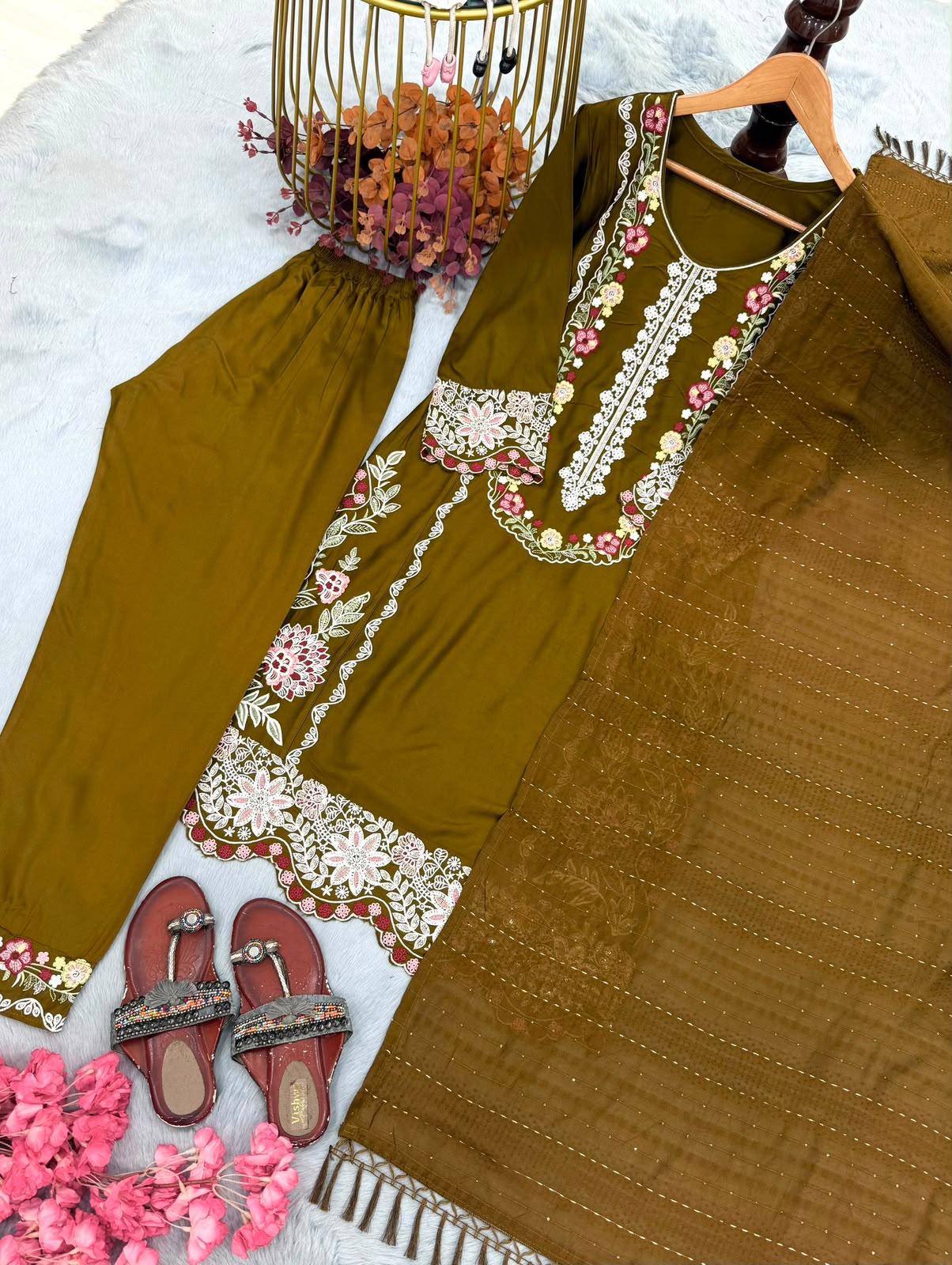 Designer Party Wear Satin Rayon Embroidered Suit Set with Dupatta