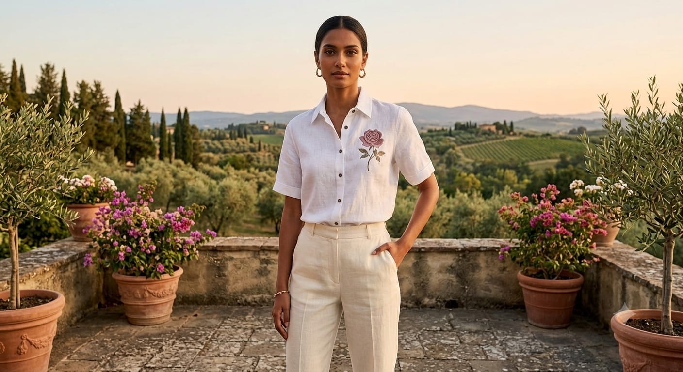 Flower Patch Rose Crop Shirt - Model Wearing Mauve Rose Patch Tuscany Backdrop
