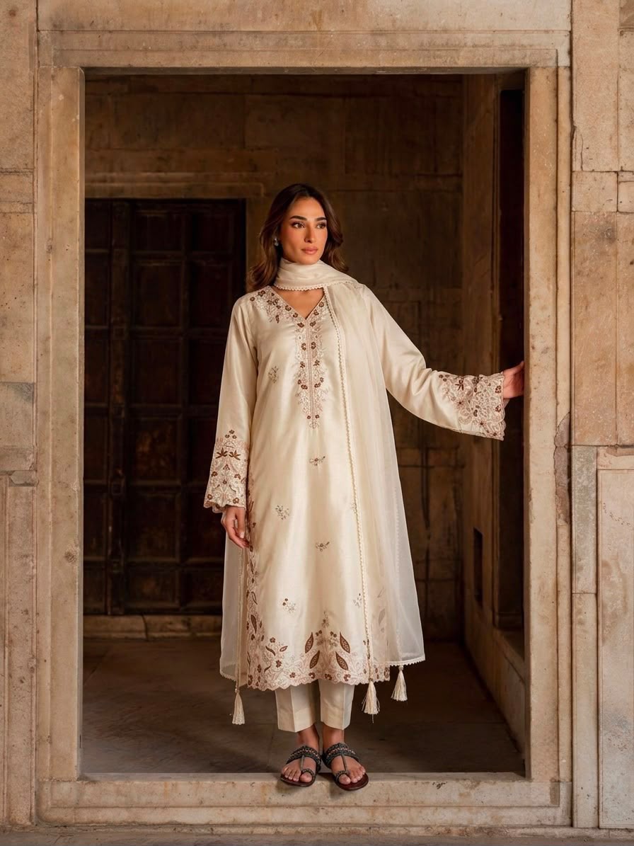 Designer Roman Glass Kaftan Set - Flat Lay with Bottom & Dupatta
