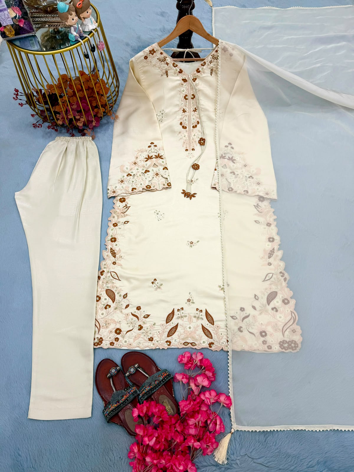 Designer Roman Glass Kaftan Set - Model Seated View