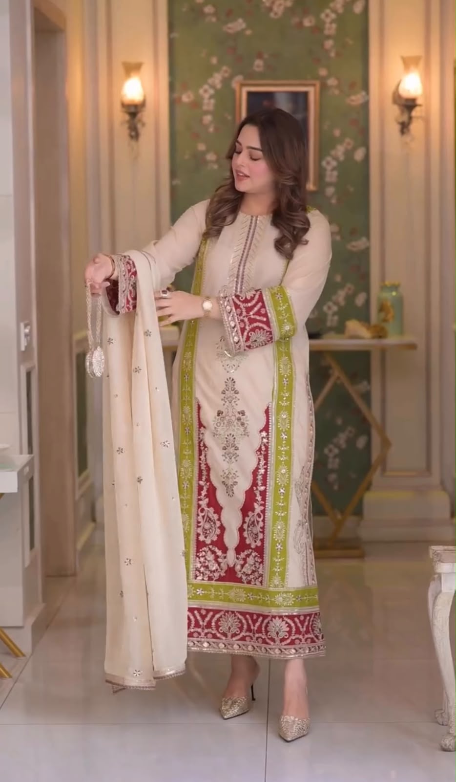 Roman Silk Sequin Suit Set - Model Full Length Front