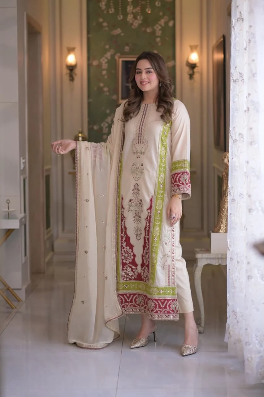 Roman Silk Sequin Suit Set - Model Smiling Front