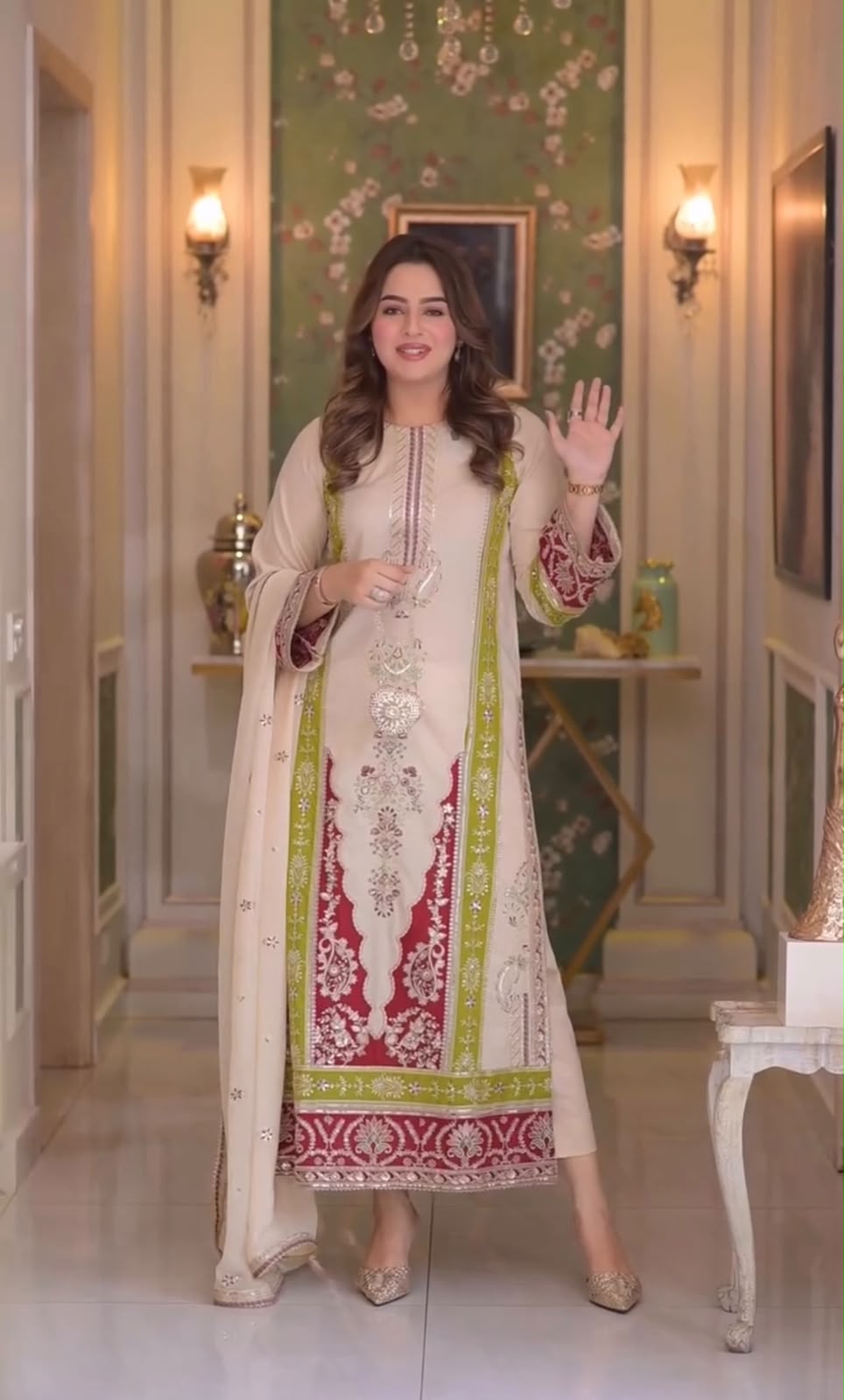 Roman Silk Sequin Suit Set - Flat Lay Full Set with Bottom & Dupatta
