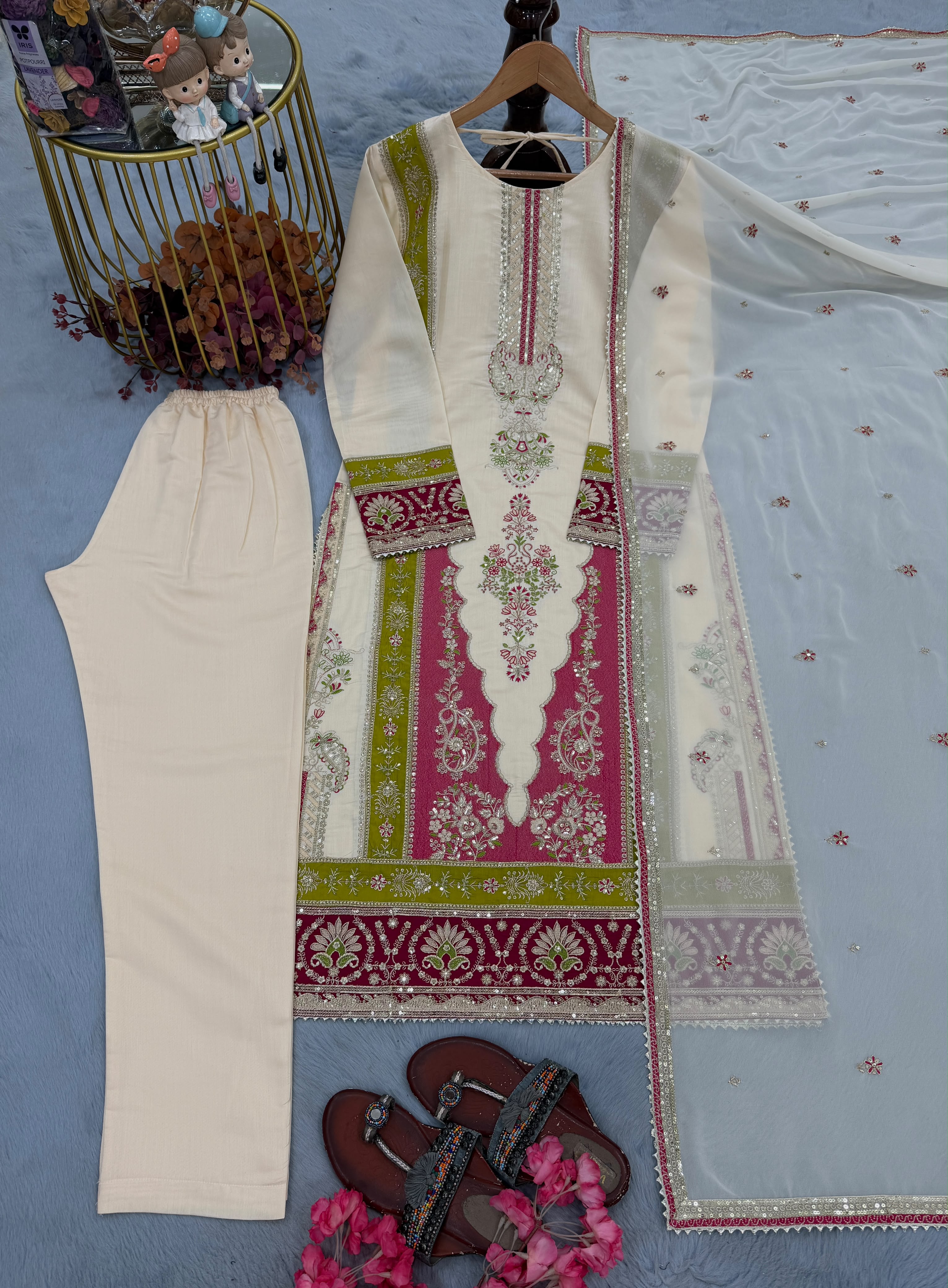 Roman Silk Sequin Suit Set - Neckline & Sequin Detail