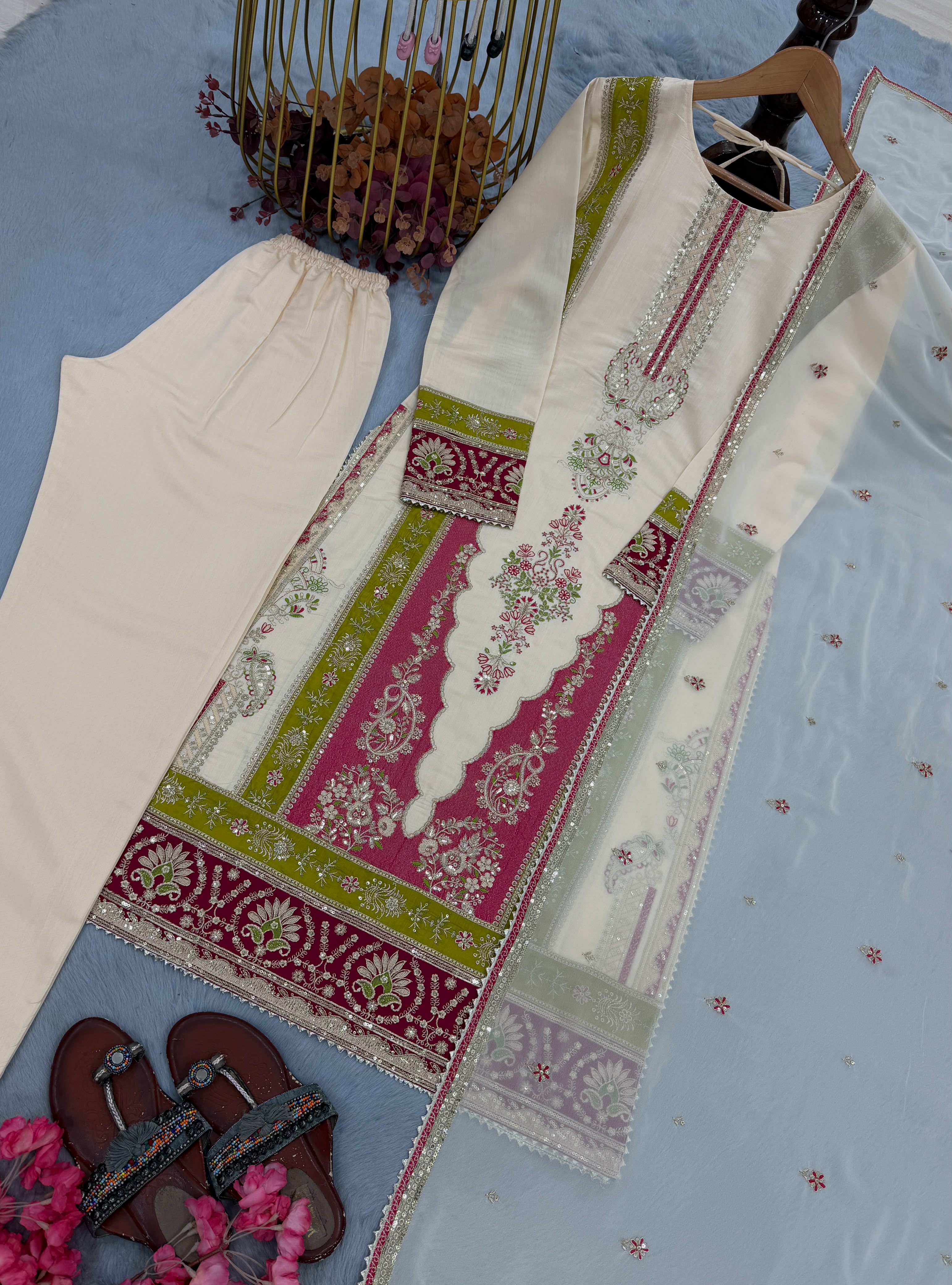 Roman Silk Sequin Suit Set - Embroidery Close Up