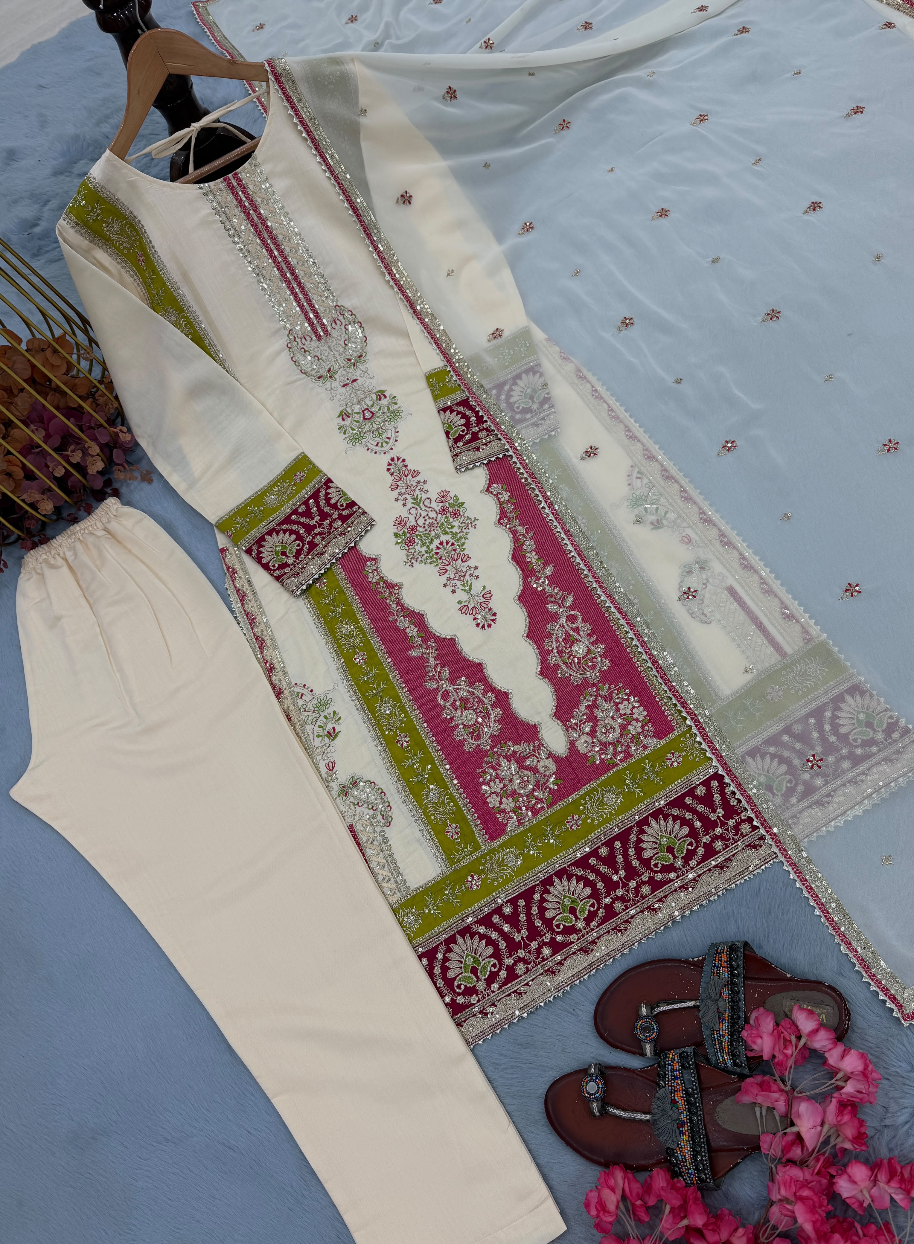 Roman Silk Sequin Suit Set - Model Front View with Dupatta