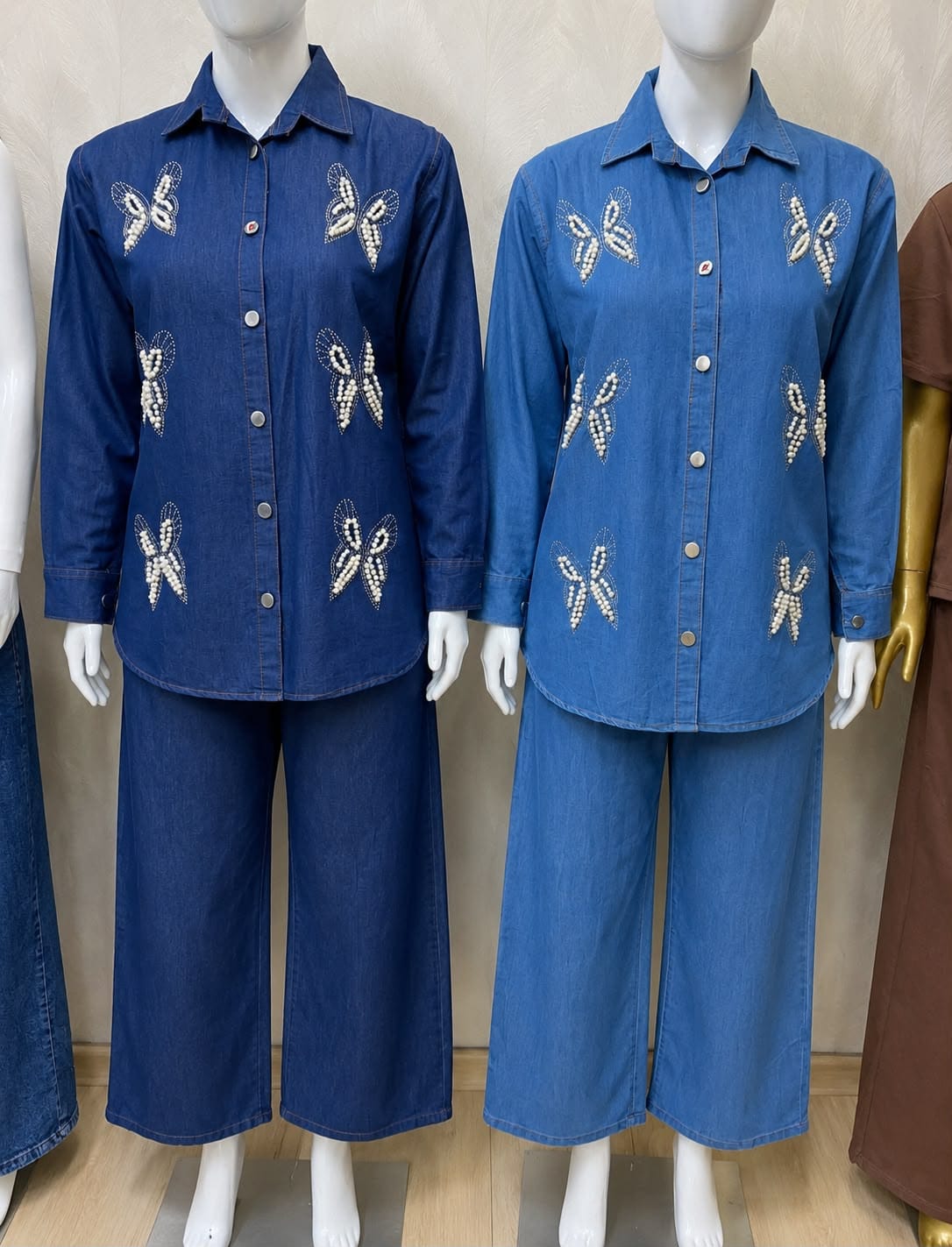 Premium Pearl Butterfly Denim Co-Ord Set - Dark Blue and Light Blue on Mannequin