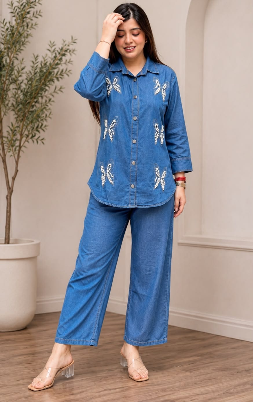 Premium Pearl Butterfly Denim Co-Ord Set - Light Blue Model Full Length