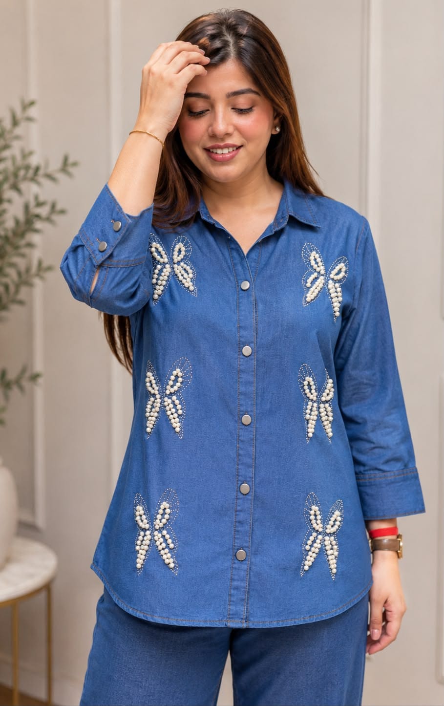 Premium Pearl Butterfly Denim Co-Ord Set - Light Blue Model Close Up Top Detail