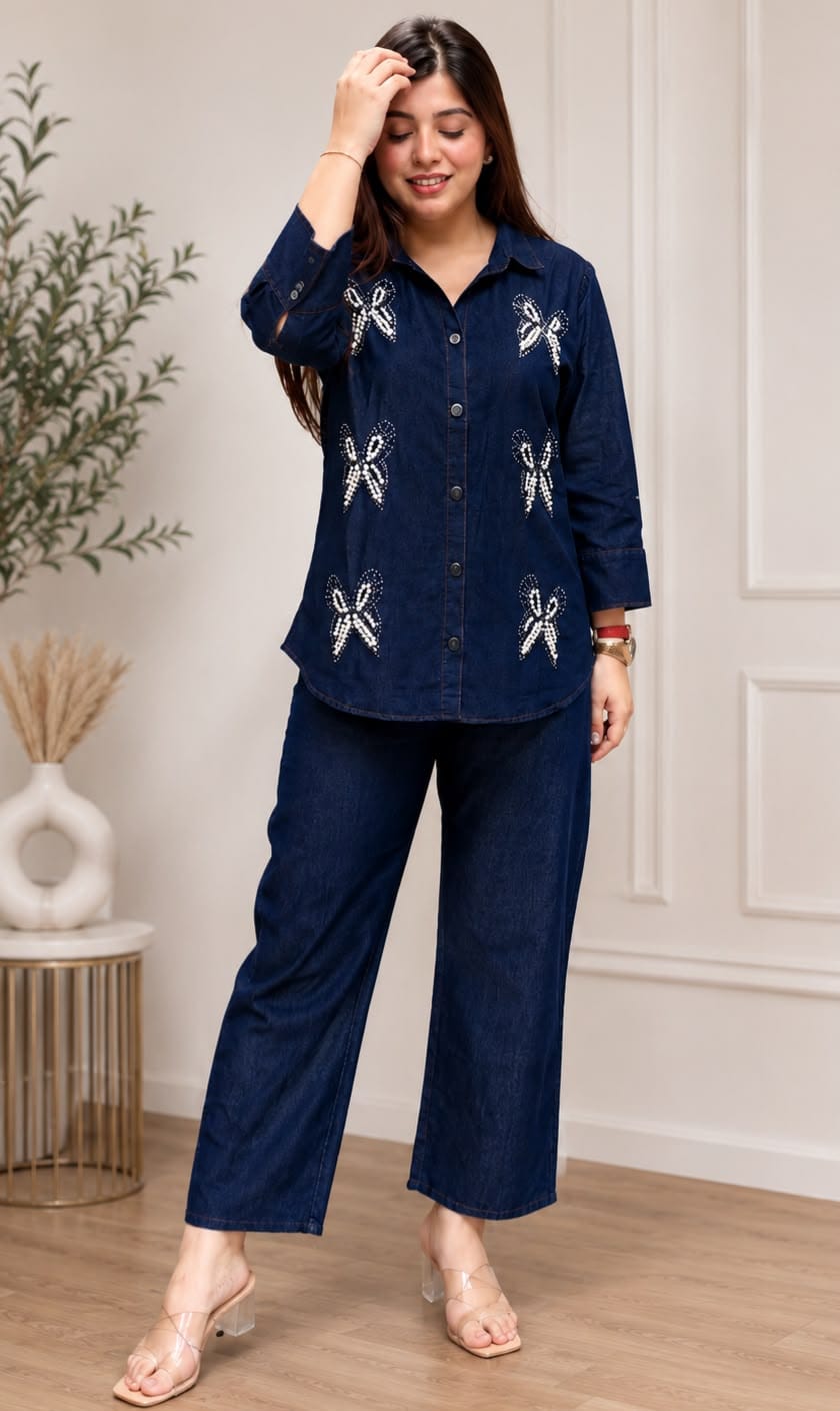 Premium Pearl Butterfly Denim Co-Ord Set - Dark Blue Model Full Length