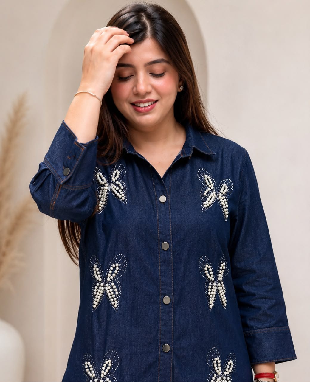 Premium Pearl Butterfly Denim Co-Ord Set - Dark Blue Model Close Up Top Detail