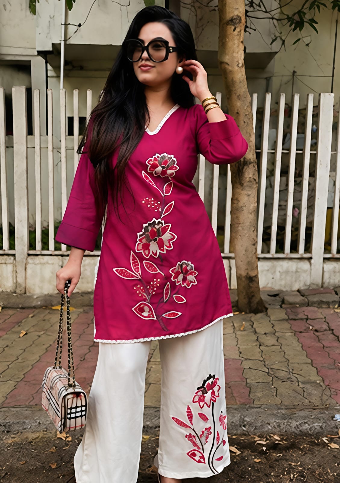 Premium Floral Embroidered Co-ord Set | Cotton Slub Kurti & Khadi Cotton Pants