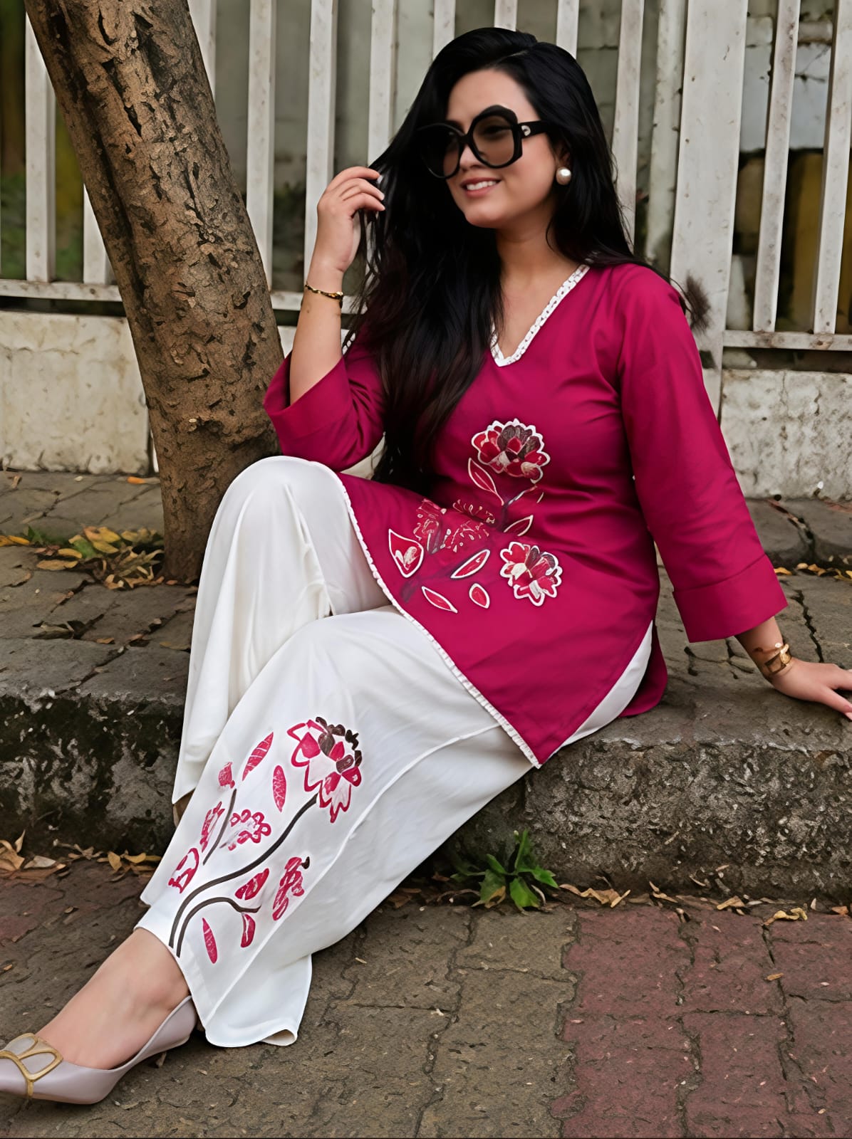 Premium Floral Embroidered Co-ord Set | Cotton Slub Kurti & Khadi Cotton Pants