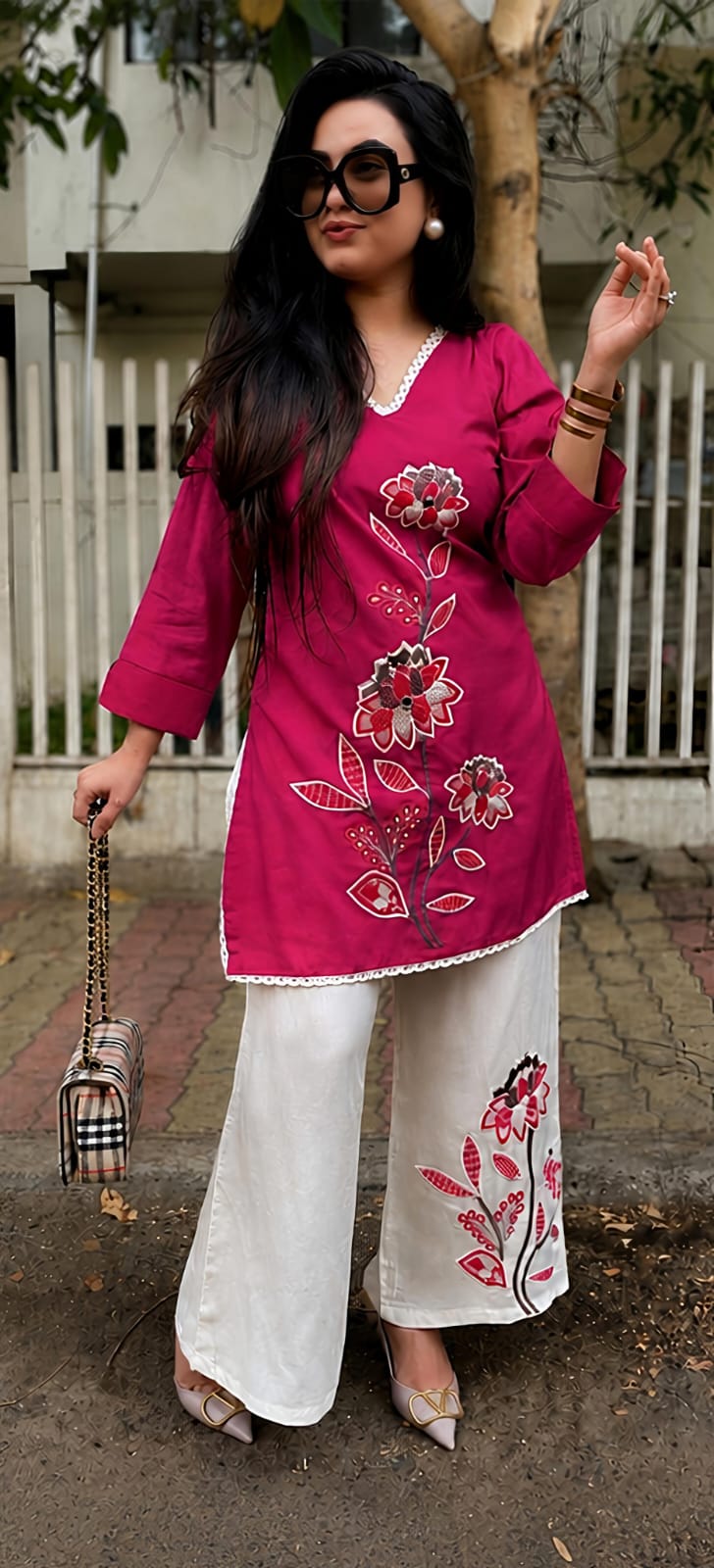 Premium Floral Embroidered Co-ord Set | Cotton Slub Kurti & Khadi Cotton Pants