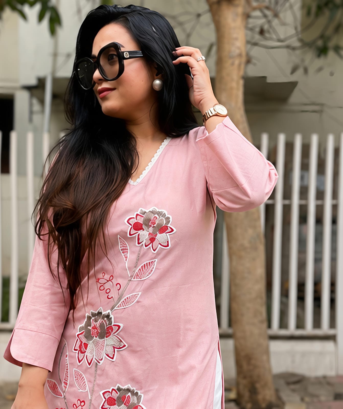 Premium Floral Embroidered Co-ord Set | Cotton Slub Kurti & Khadi Cotton Pants