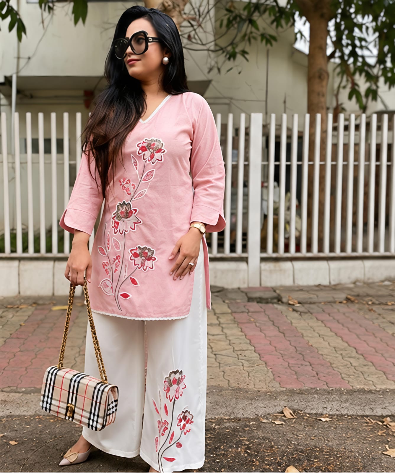 Premium Floral Embroidered Co-ord Set | Cotton Slub Kurti & Khadi Cotton Pants