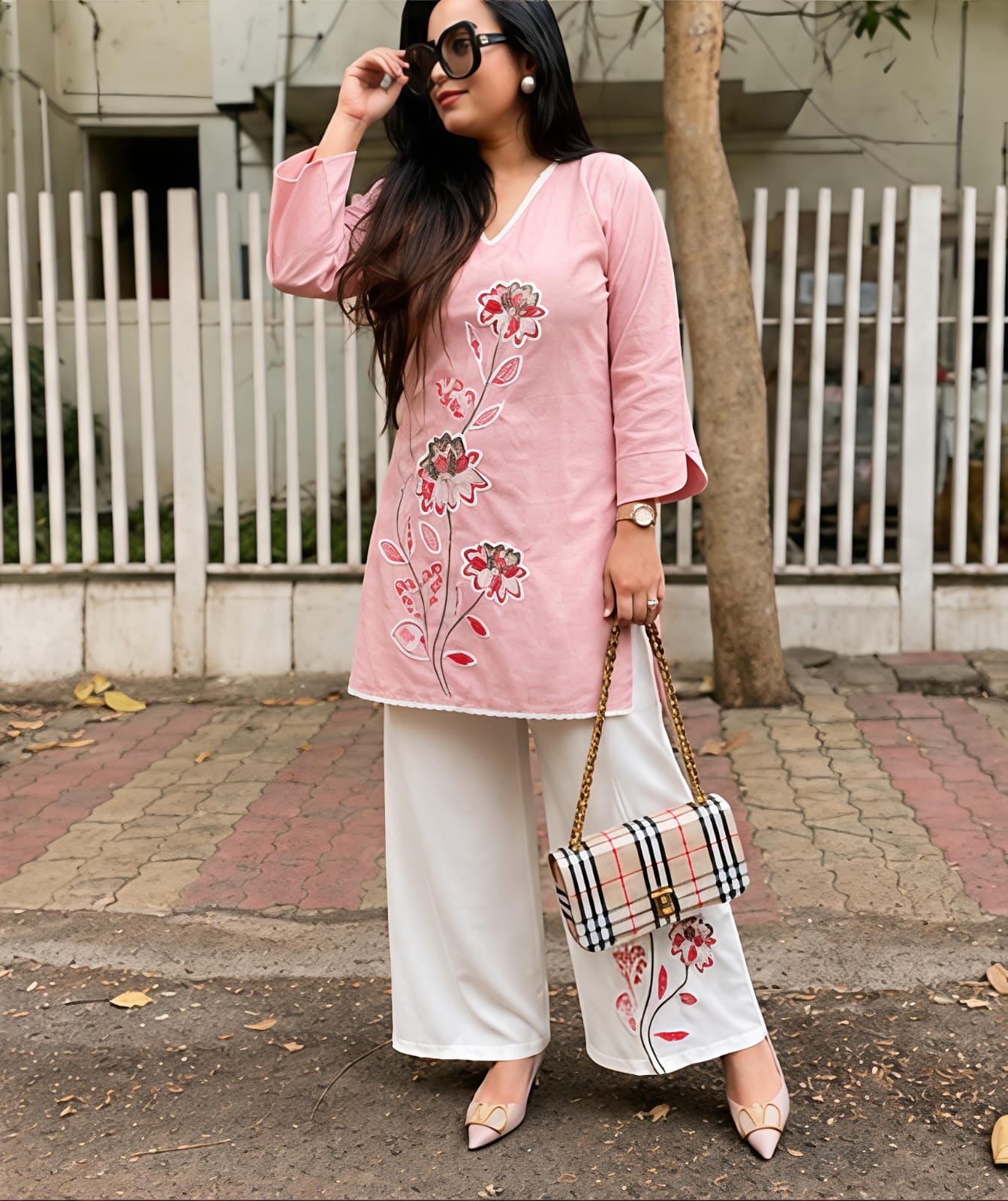 Premium Floral Embroidered Co-ord Set | Cotton Slub Kurti & Khadi Cotton Pants