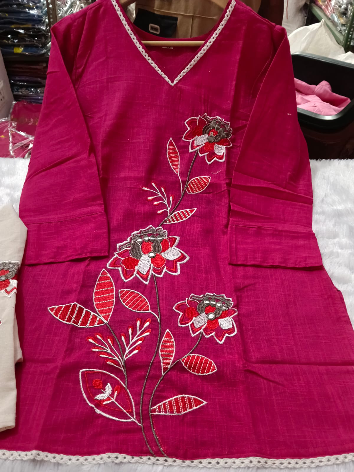 Premium Floral Embroidered Co-ord Set | Cotton Slub Kurti & Khadi Cotton Pants