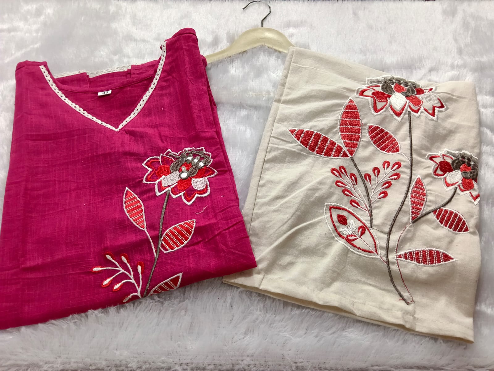 Premium Floral Embroidered Co-ord Set | Cotton Slub Kurti & Khadi Cotton Pants