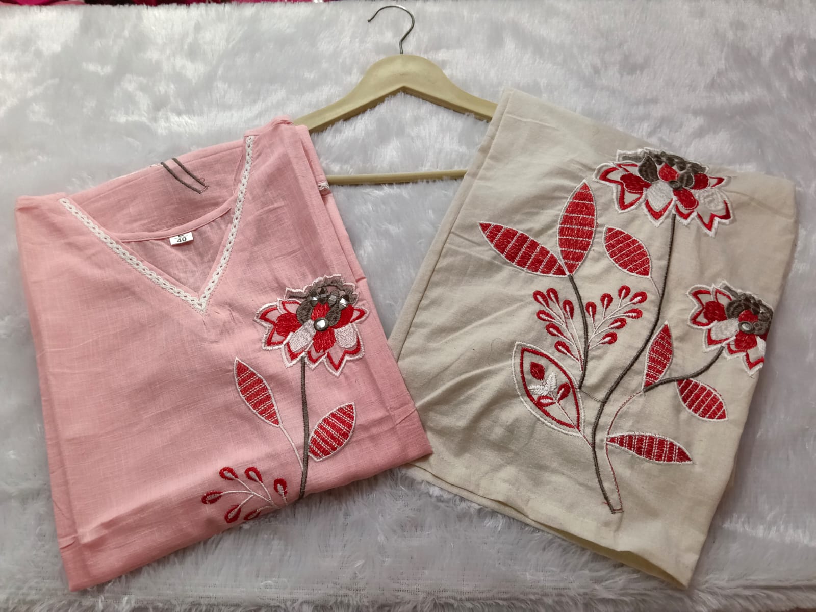 Premium Floral Embroidered Co-ord Set | Cotton Slub Kurti & Khadi Cotton Pants