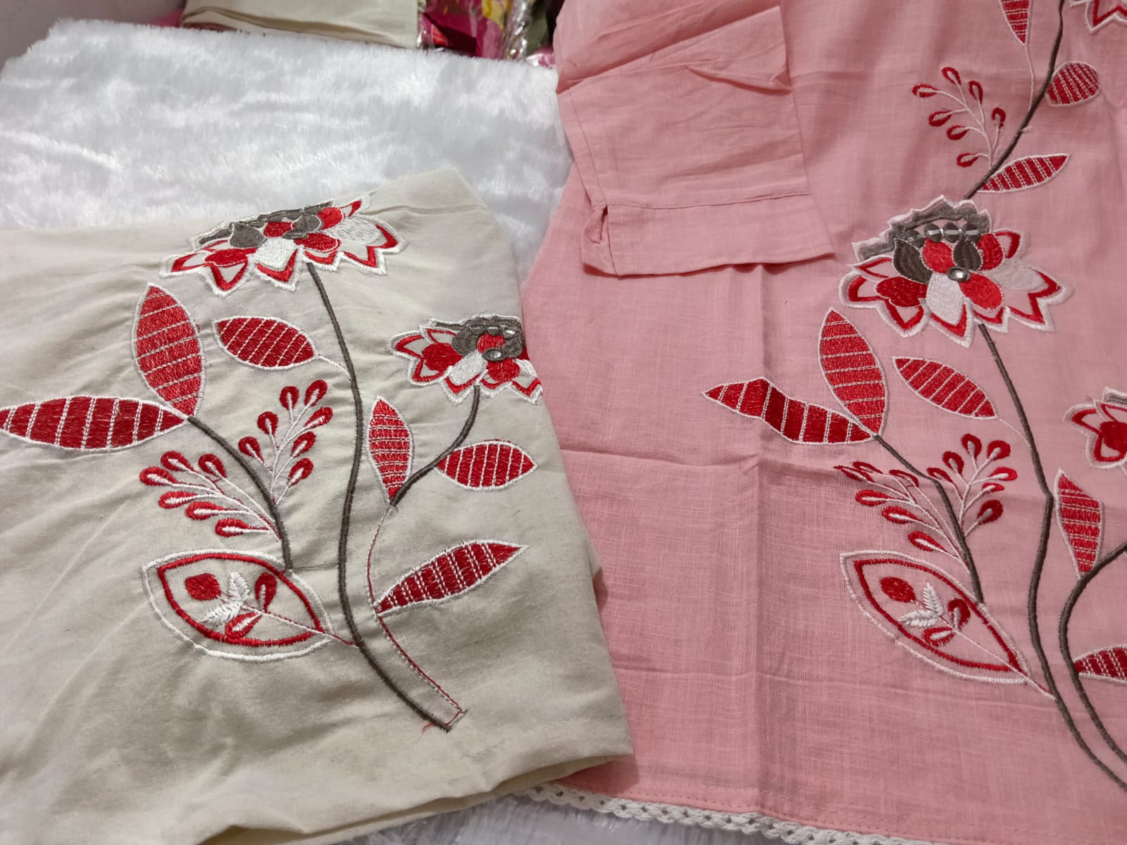 Premium Floral Embroidered Co-ord Set | Cotton Slub Kurti & Khadi Cotton Pants