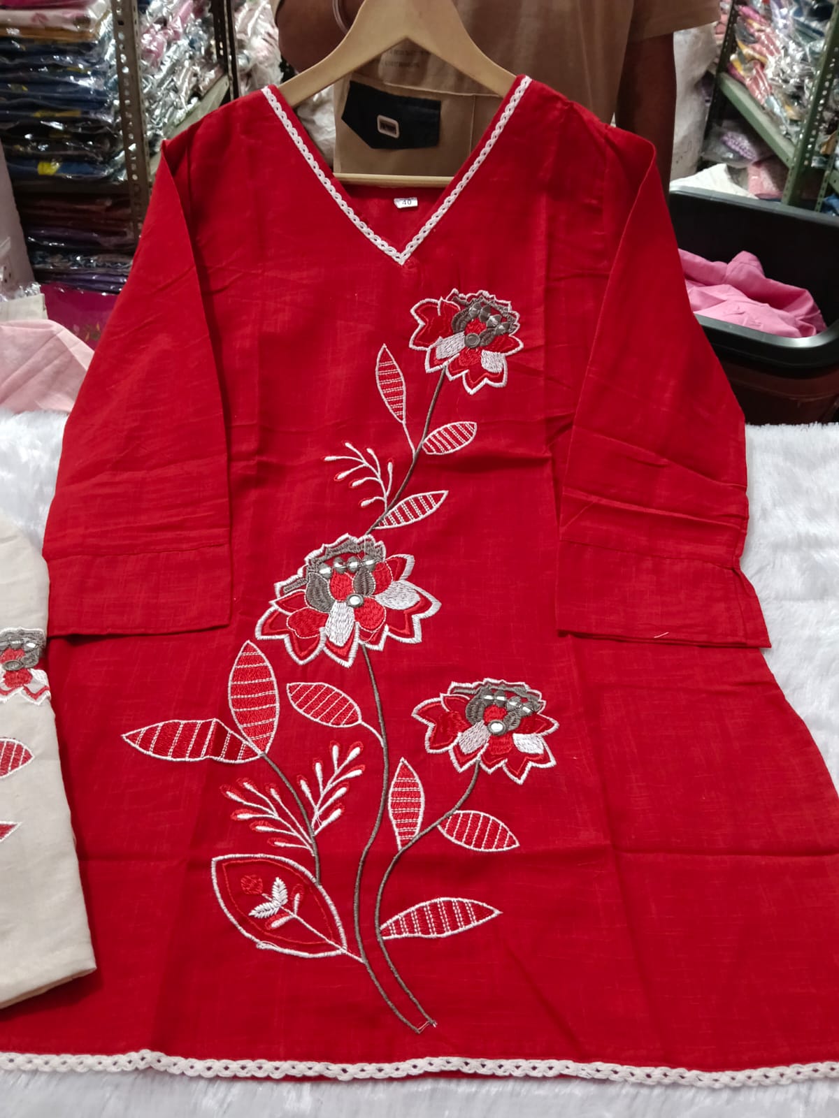 Premium Floral Embroidered Co-ord Set | Cotton Slub Kurti & Khadi Cotton Pants