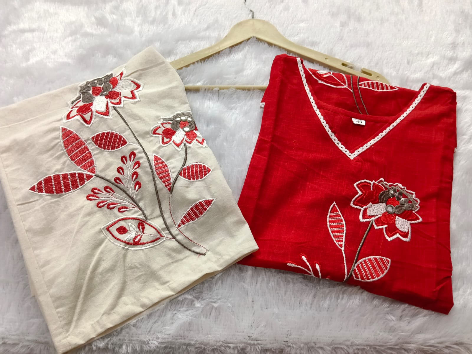 Premium Floral Embroidered Co-ord Set | Cotton Slub Kurti & Khadi Cotton Pants