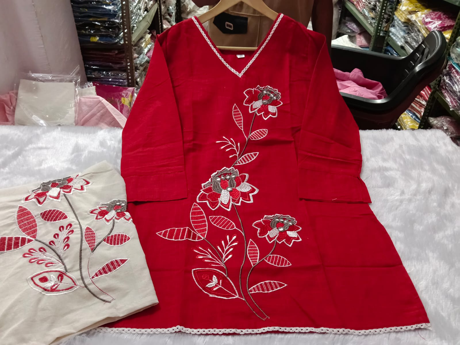Premium Floral Embroidered Co-ord Set | Cotton Slub Kurti & Khadi Cotton Pants